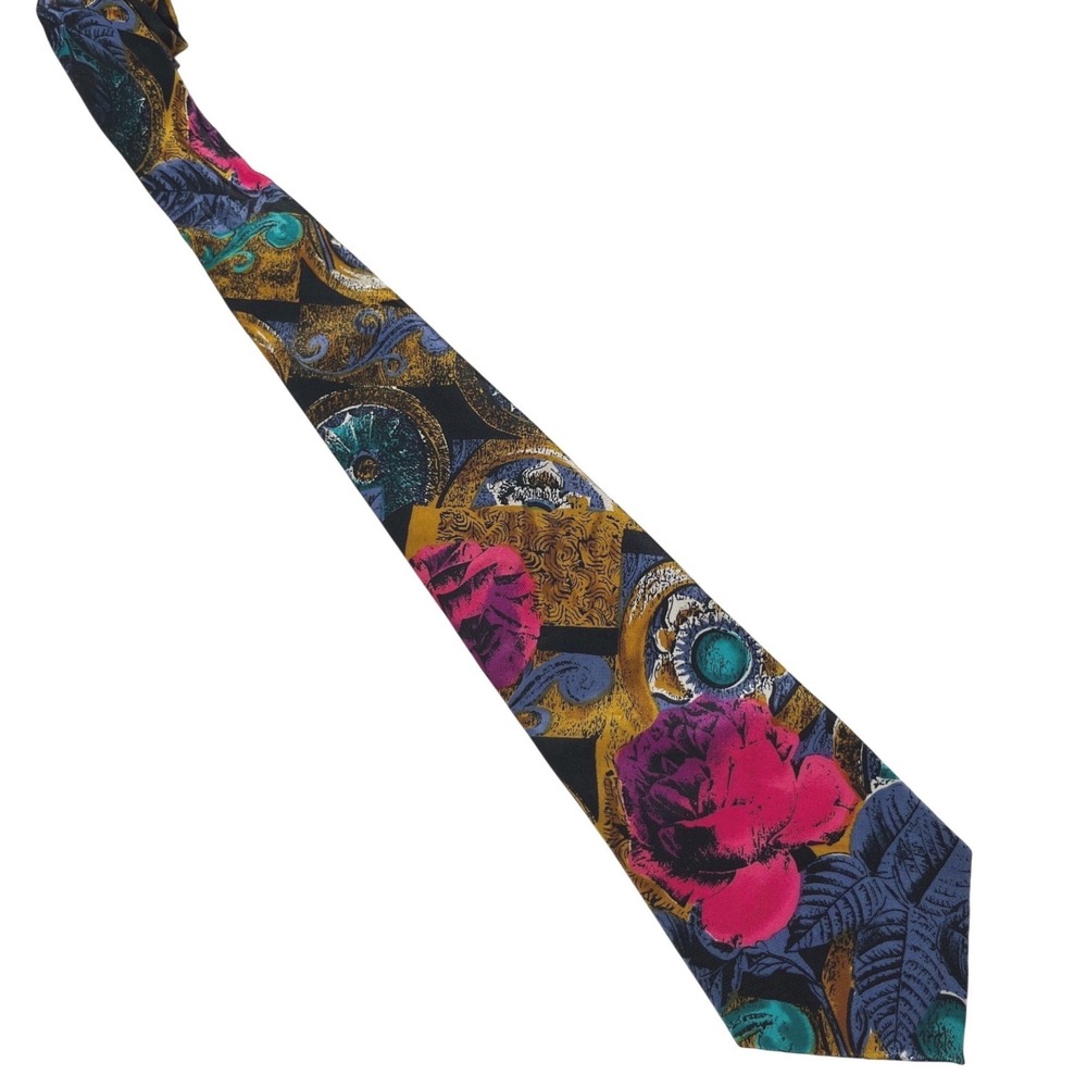 Vintage Strathmore Richman Silk Tie Bold Rose Floral Baroque Maximalist - Picture 4 of 7